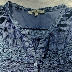 Solitare Blue Emroidered Slub cotton top/blouse with rolled button-up sleeves.